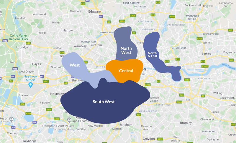 map of london regions like West, South West, North West, North and East and Centeral london